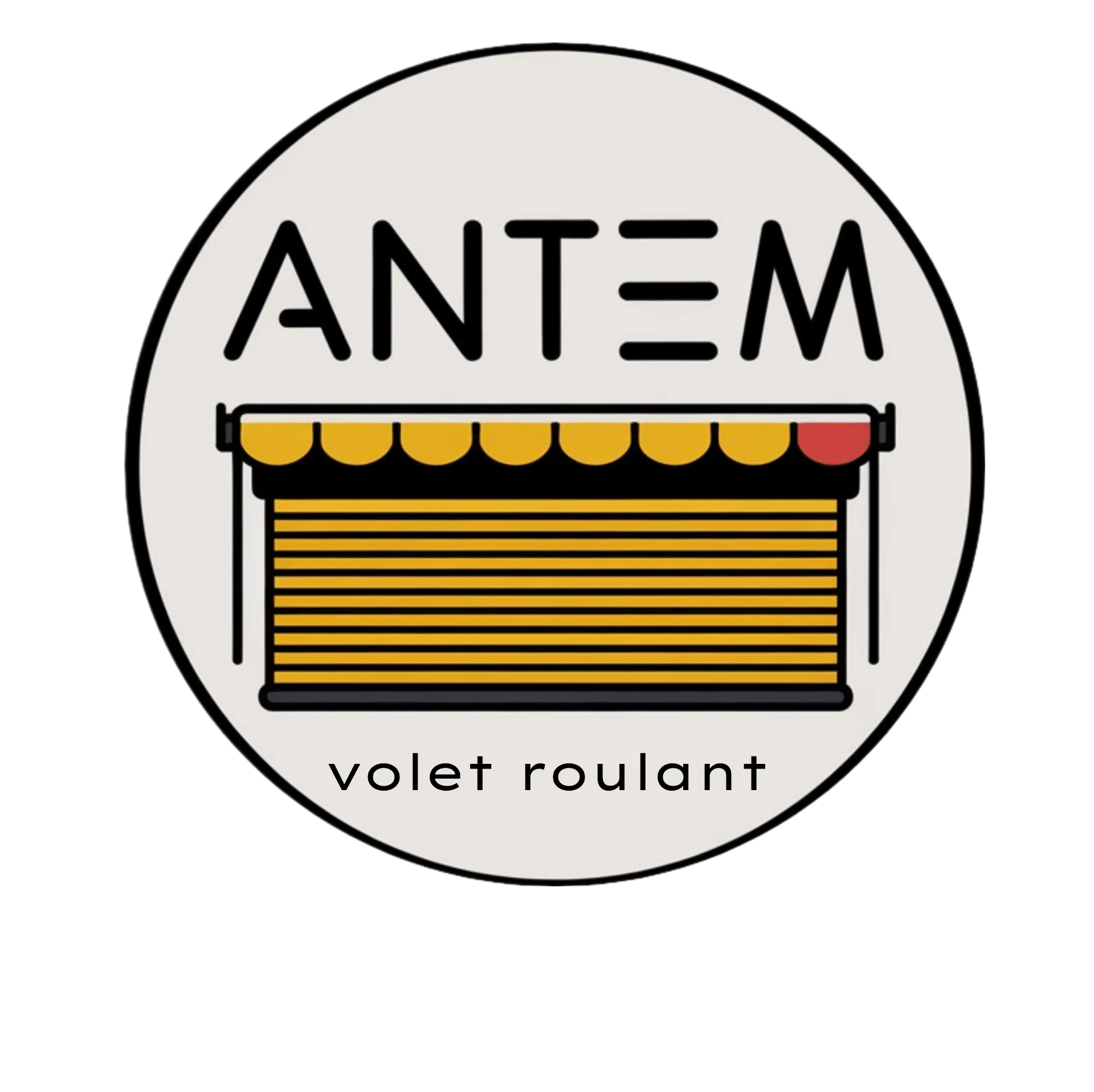 Cette image représente un logo circulaire avec le texte “ANTEM” écrit en haut, utilisant une typographie moderne et épurée. En dessous, on voit une illustration stylisée d’un volet roulant jaune et noir, accompagné d’une petite partie rouge sur le côté droit, évoquant un détail ou un accent visuel. Sous cette illustration, le texte “volet roulant” est inscrit en lettres simples. Ce logo semble être lié à une entreprise spécialisée dans les volets roulants, probablement pour des services de fabrication, installation ou réparation.