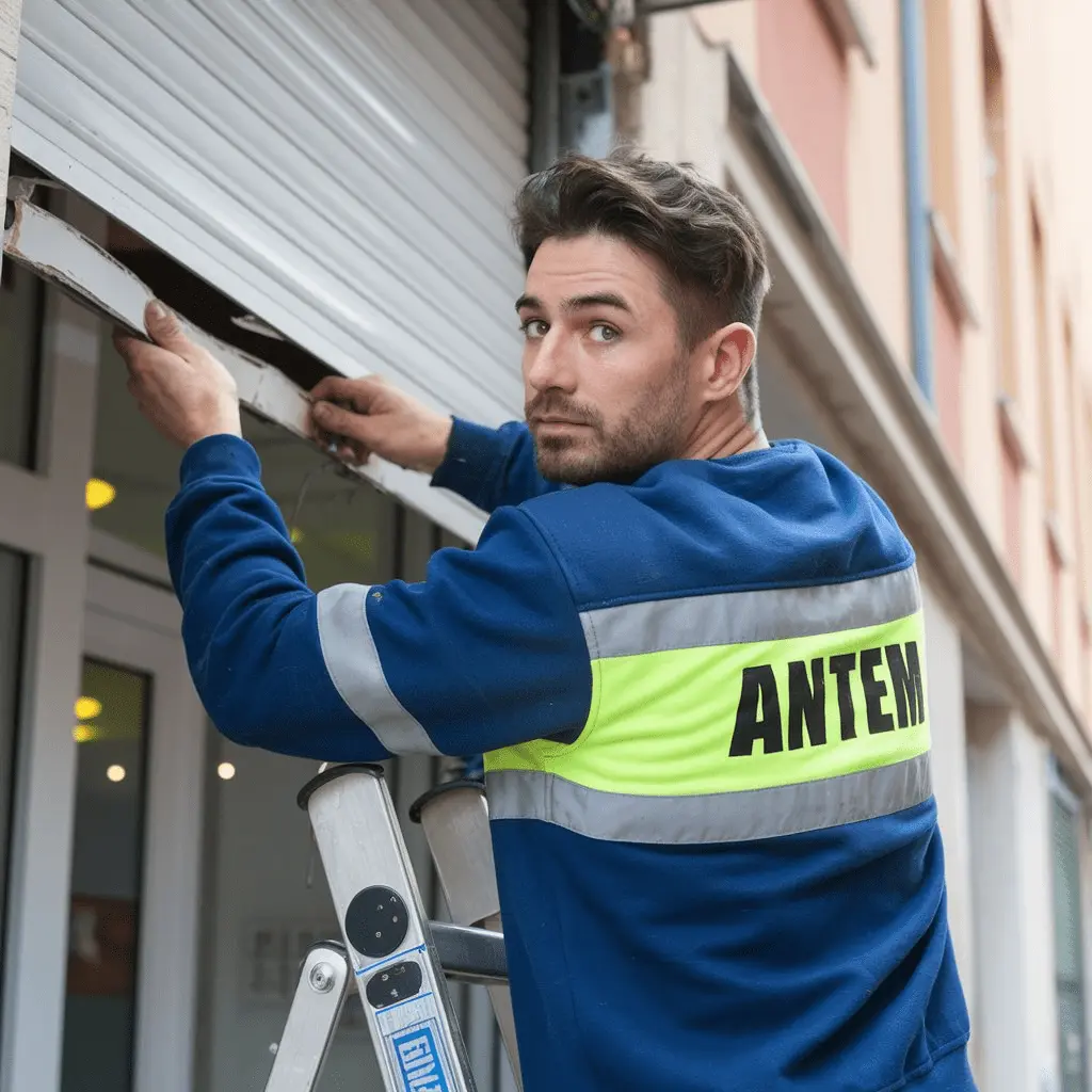 Cette image montre un ouvrier vu de dos, portant un uniforme de travail aux couleurs orange et bleu. Sur le dos de son uniforme, on peut lire l’inscription “ANTEM”. L’ouvrier se tient devant une porte métallique de type rideau roulant, visiblement endommagée avec des parties écaillées ou abîmées. À côté de lui, une échelle est posée, suggérant qu’il s’apprête à effectuer une réparation ou un entretien sur cette porte. L’environnement semble être celui d’un bâtiment industriel ou commercial.