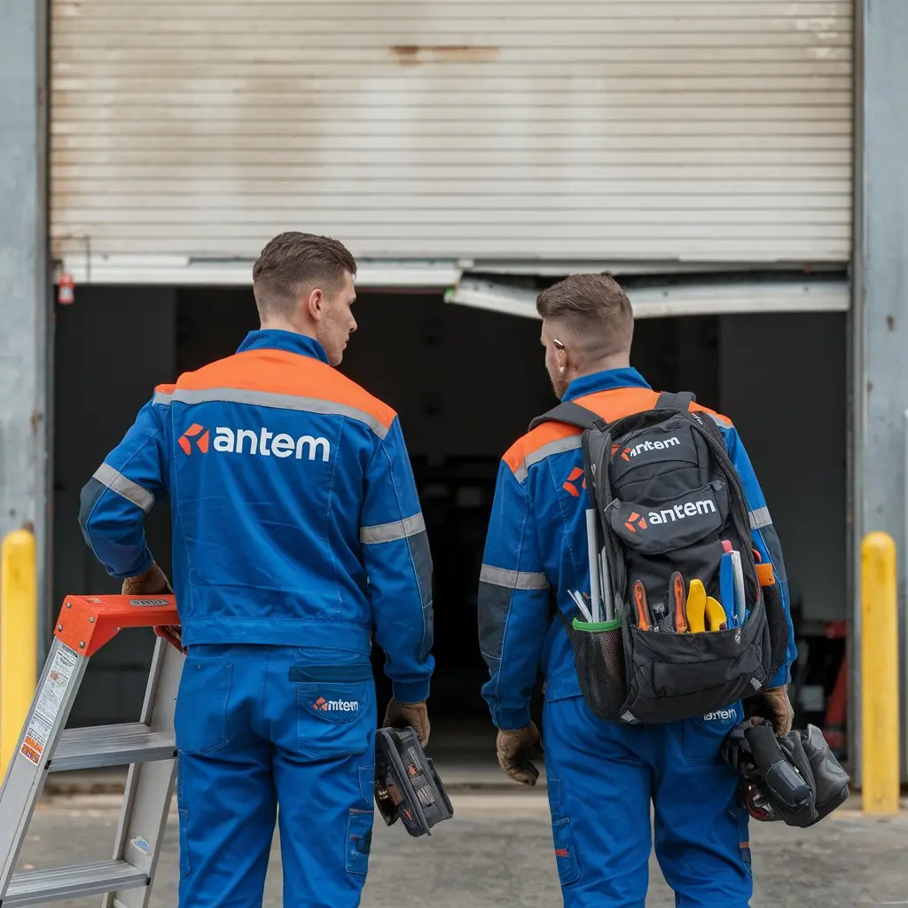 Cette image montre un ouvrier vu de dos, portant un uniforme de travail aux couleurs orange et bleu. Sur le dos de son uniforme, on peut lire l’inscription “ANTEM”. L’ouvrier se tient devant une porte métallique de type rideau roulant, visiblement endommagée avec des parties écaillées ou abîmées. À côté de lui, une échelle est posée, suggérant qu’il s’apprête à effectuer une réparation ou un entretien sur cette porte. L’environnement semble être celui d’un bâtiment industriel ou commercial.